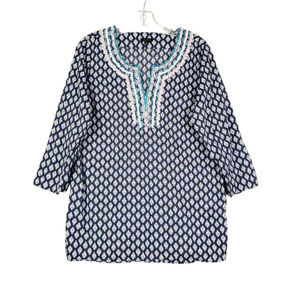 Talbots Tunic Top Size Medium Women’s Popover Blouse Cotton Embroidered LS - Picture 2 of 11